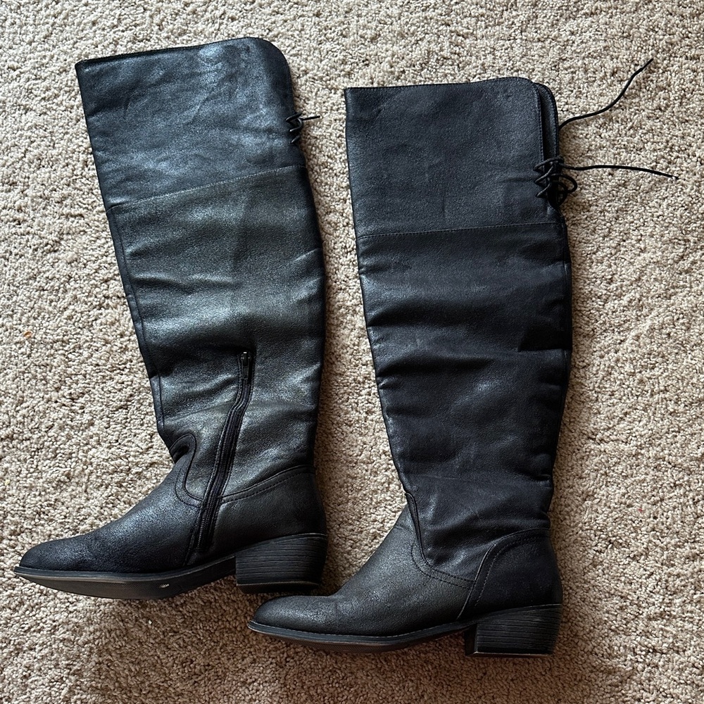 18” shaft Sleek Black Distressed Over the Knee Boots
